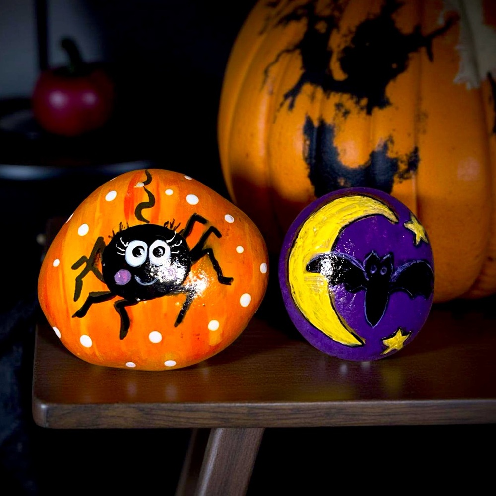 Hand crafted painted Halloween black spider moon bat rocks stones purple orange